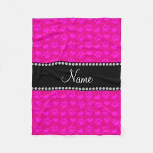 Personalized name neon hot pink hearts and paws fleece blanket