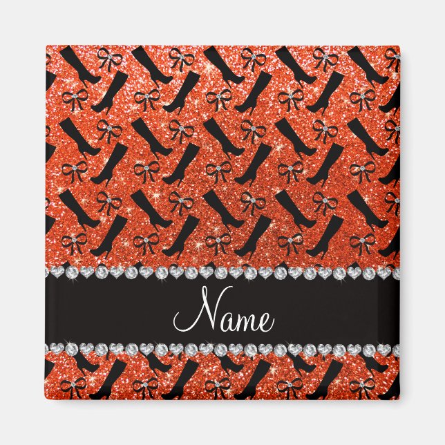 Personalized name neon orange glitter boots bows magnet (Front)