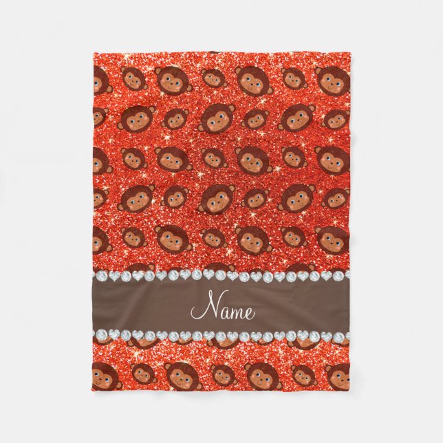 Personalized name neon orange glitter monkeys fleece blanket (Front)