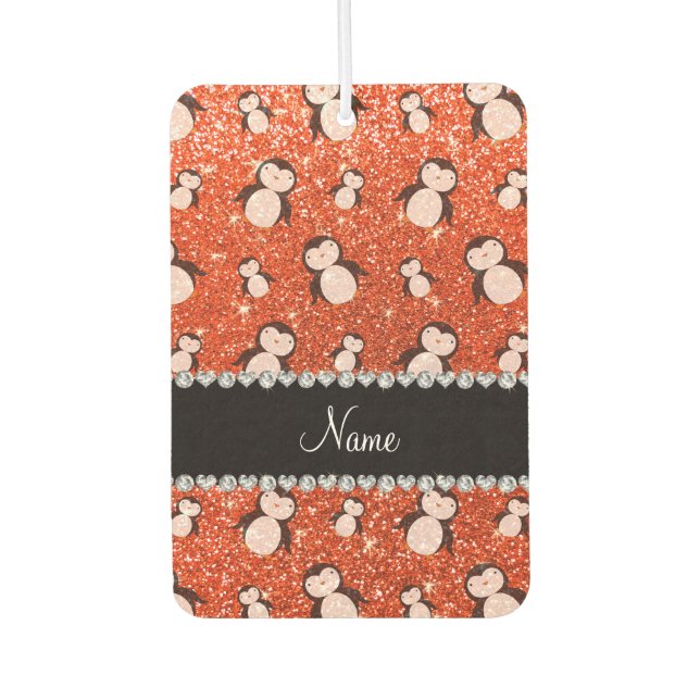 Personalized name neon orange glitter penguins air freshener (Front)
