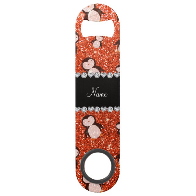 Personalized name neon orange glitter penguins bar key (Front)