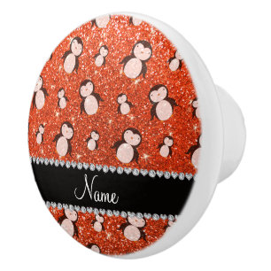 Personalized name neon orange glitter penguins ceramic knob