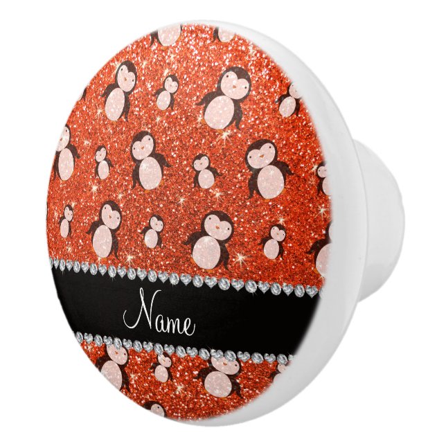 Personalized name neon orange glitter penguins ceramic knob (Right)