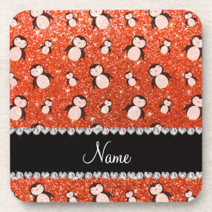 Personalized name neon orange glitter penguins coaster