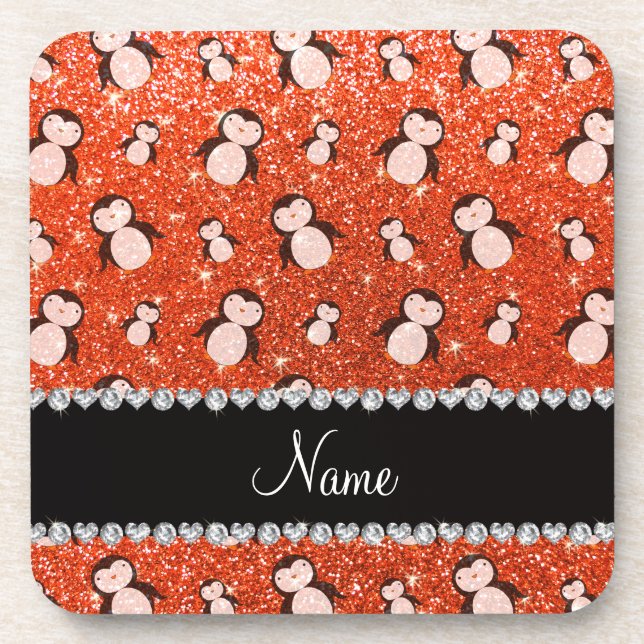 Personalized name neon orange glitter penguins coaster (Front)
