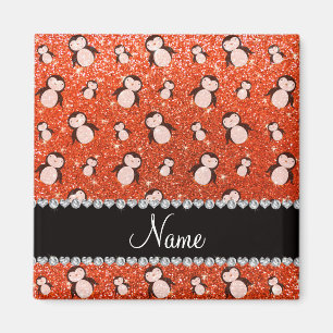 Personalized name neon orange glitter penguins magnet