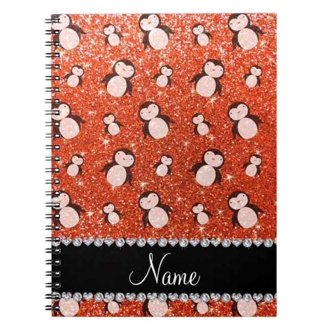 Personalized name neon orange glitter penguins notebook (Front)