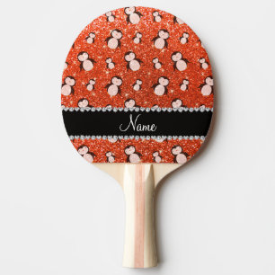 Personalized name neon orange glitter penguins ping pong paddle