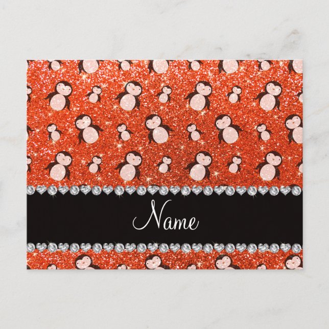Personalized name neon orange glitter penguins postcard (Front)