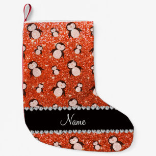 Personalized name neon orange glitter penguins small christmas stocking