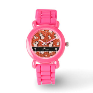 Personalized name neon orange glitter penguins watch