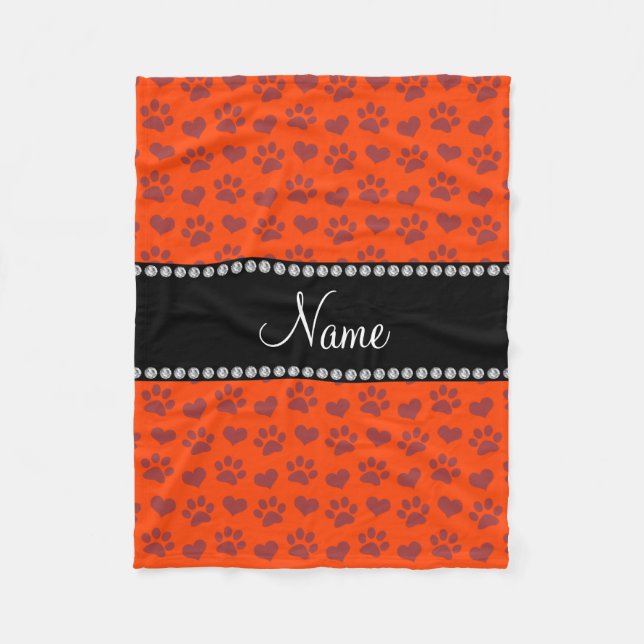 Personalized name neon orange hearts and paw print fleece blanket (Front)