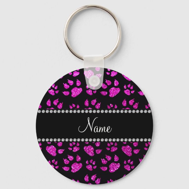 Personalized name neon pink glitter cat paws keychain (Front)