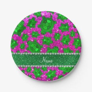 Personalized name neon pink glitter sea turtles paper plate