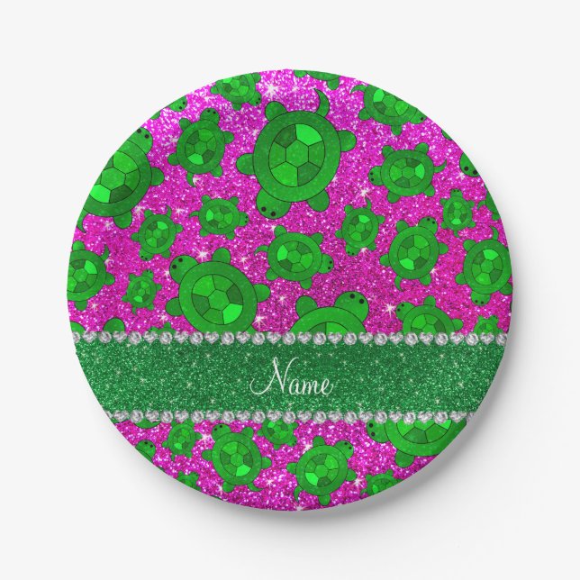 Personalized name neon pink glitter sea turtles paper plate (Front)