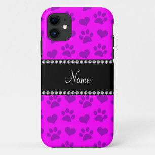 Personalized name neon pink hearts and paw prints iPhone 11 case
