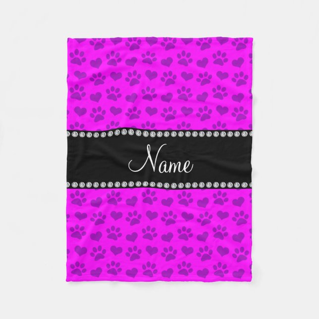 Personalized name neon pink hearts and paw prints fleece blanket (Front)