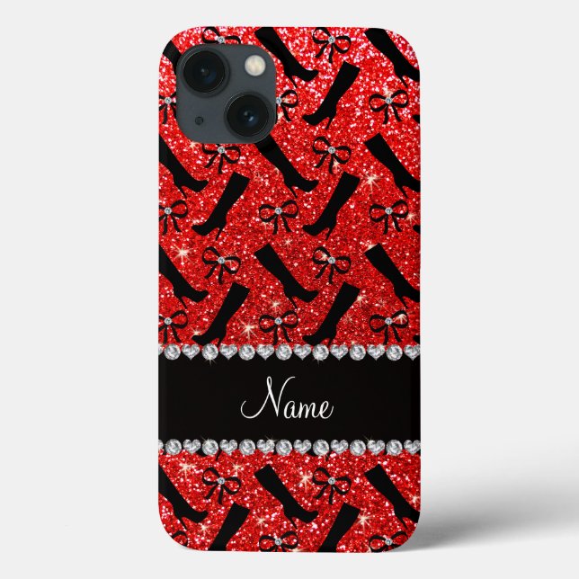 Personalized name neon red glitter boots bows Case-Mate iPhone case (Back)