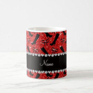 Personalized name neon red glitter boots bows coffee mug