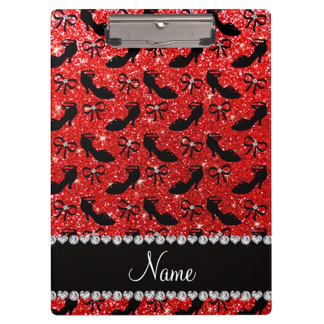 Personalized name neon red glitter fancy shoes bow clipboard (Front)