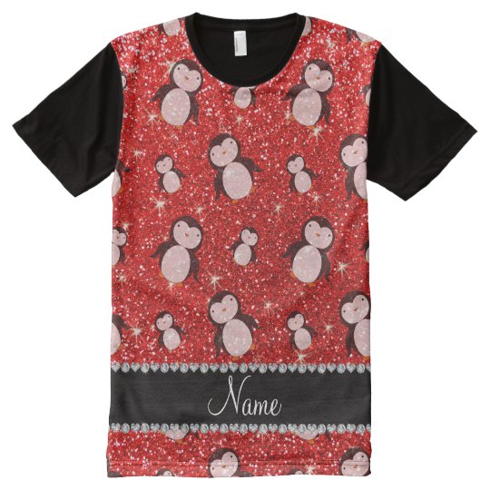 Personalized name neon red glitter penguins