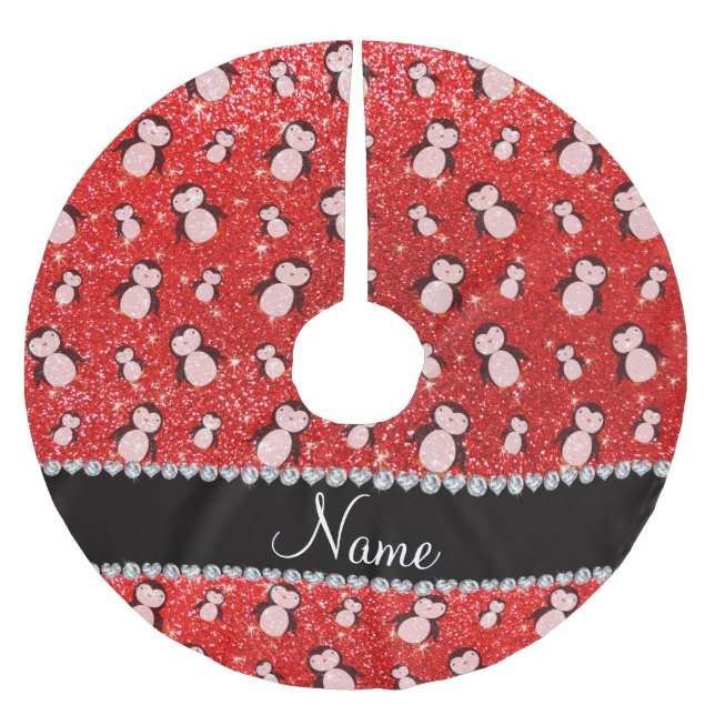 Personalized name neon red glitter penguins brushed polyester tree skirt (Front)