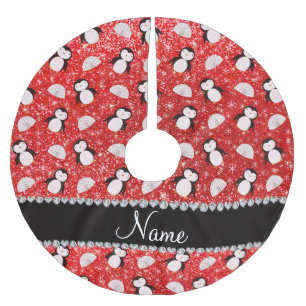 Personalized name neon red glitter penguins igloos brushed polyester tree skirt