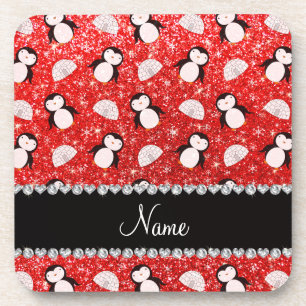 Personalized name neon red glitter penguins igloos coaster