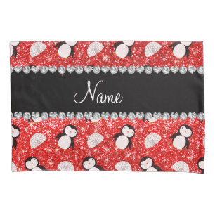 Personalized name neon red glitter penguins igloos pillowcase