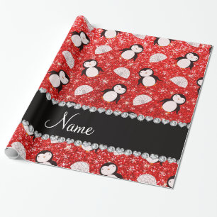 Personalized name neon red glitter penguins igloos wrapping paper