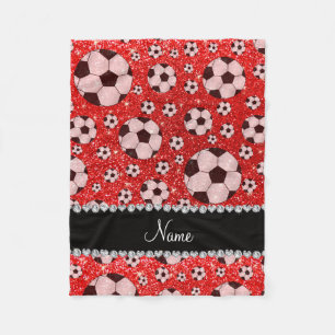 Personalized name neon red glitter soccer fleece blanket