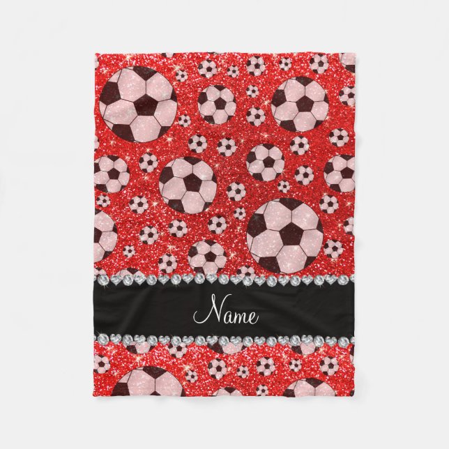 Personalized name neon red glitter soccer fleece blanket (Front)