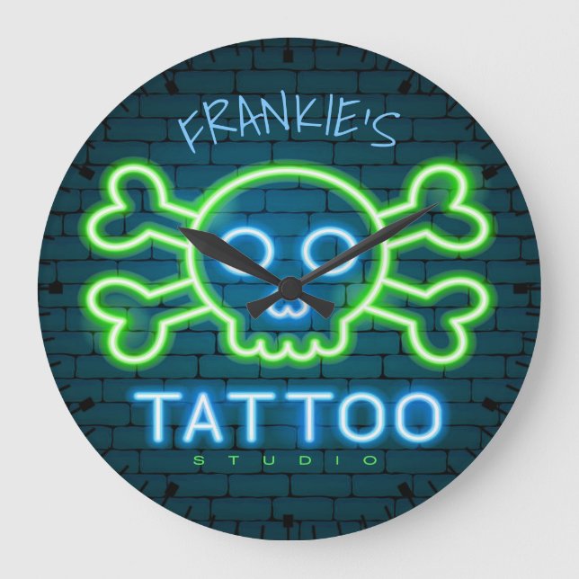 Personalized NAME Neon Style Tattoo Shop Studio Large Clock (Front)
