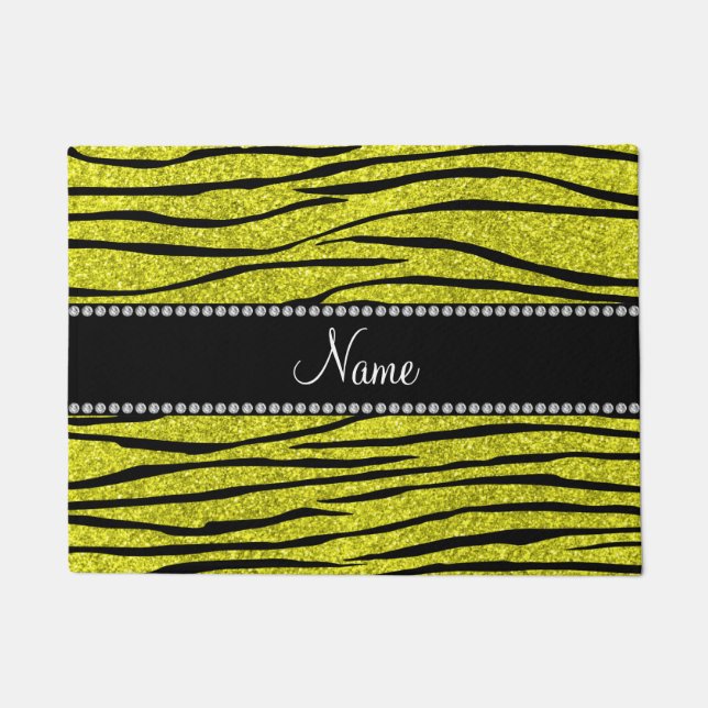 Personalized name neon yellow glitter zebra stripe doormat (Front)