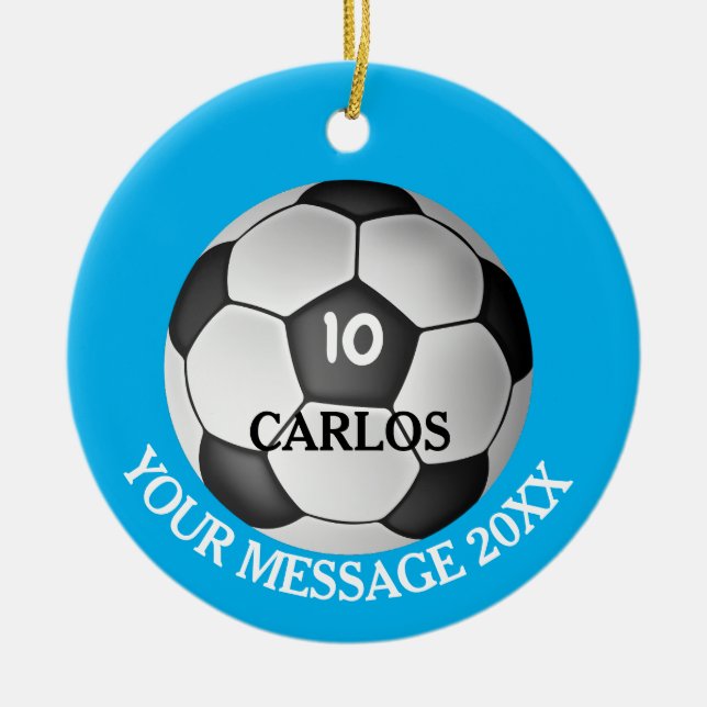 Personalized Name Number Message Soccer Ball Ceramic Ornament (Front)