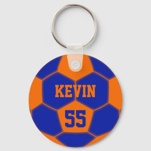 Personalized Name Number Orange Blue Soccer Ball Keychain