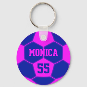 Personalized Name Number Pink Blue Soccer Ball Keychain