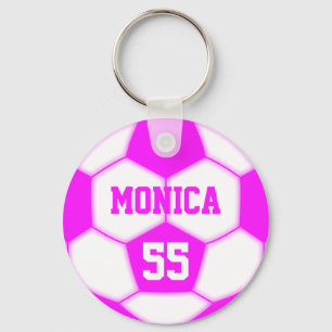 Personalized Name Number Pink Soccer Ball Keychain