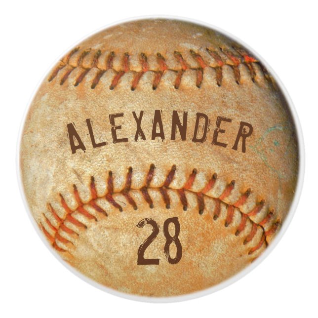 Personalized Name & Number White Baseball Sports Ceramic Knob (Front)