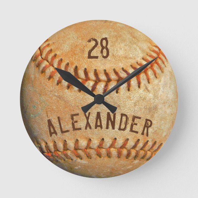 Personalized Name & Number White Baseball Sports  Round Clock (Front)