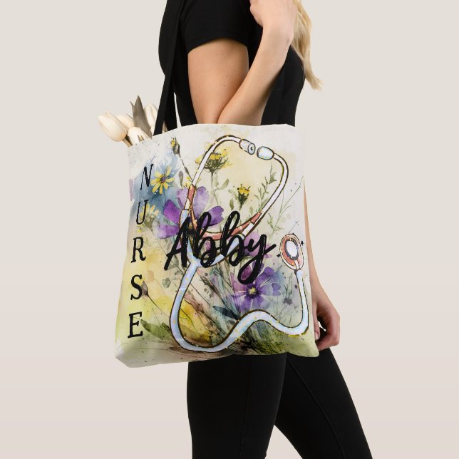 Personalized Name Nurse Floral Stethoscope Boho Tote Bag (Close Up)