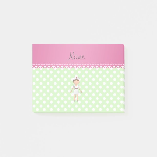 Personalized name nurse green polka dots post-it notes (Front)
