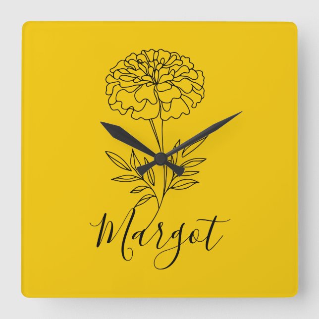 Personalized Name October Marigold Birth Flower  Square Wall Clock (Front)