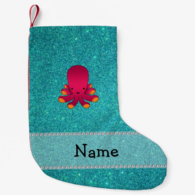 Personalized name octopus turquoise glitter small christmas stocking (Front)