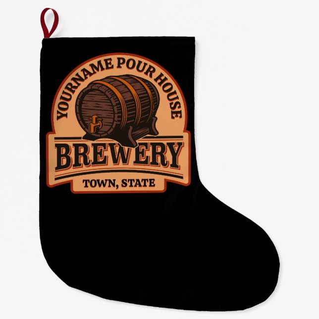 Personalized NAME Old Oak Barrel Beer Keg Brewery Large Christmas Stocking (Front)