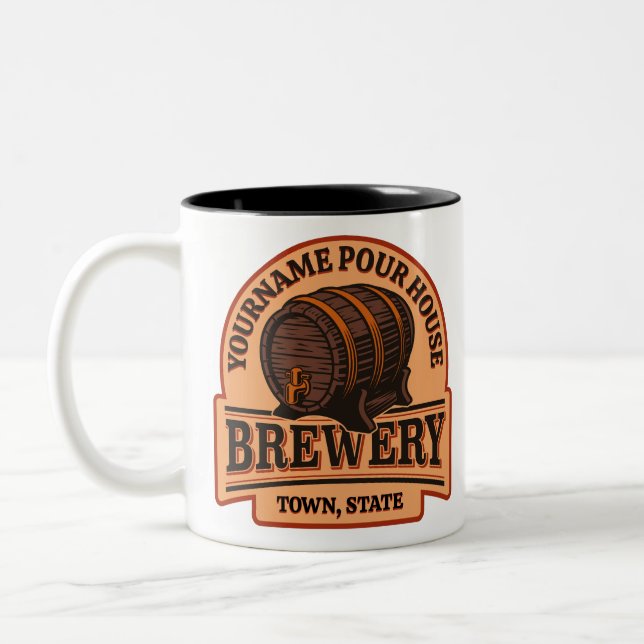 Personalized NAME Old Oak Barrel Beer Keg Brewery Two-Tone Coffee Mug (Left)