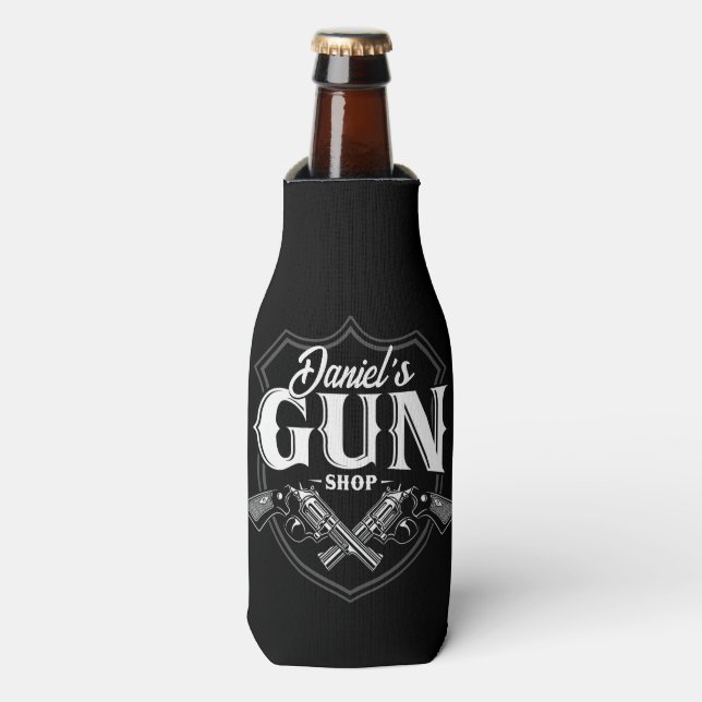 Personalized NAME Old Revolvers Gun Shop Firearms Bottle Cooler (Bottle Front)