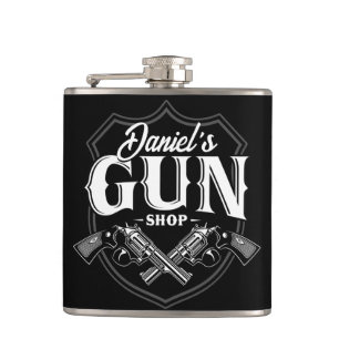 Personalized NAME Old Revolvers Gun Shop Firearms  Hip Flask