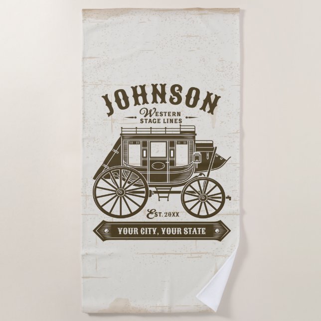 Personalized NAME Old Western Stagecoach Carriage Beach Towel (Front)