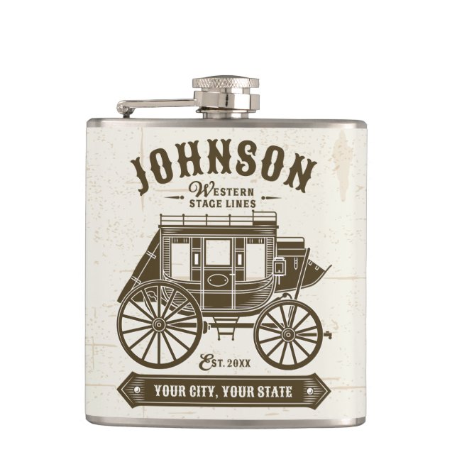 Personalized NAME Old Western Stagecoach Carriage Hip Flask (Front)